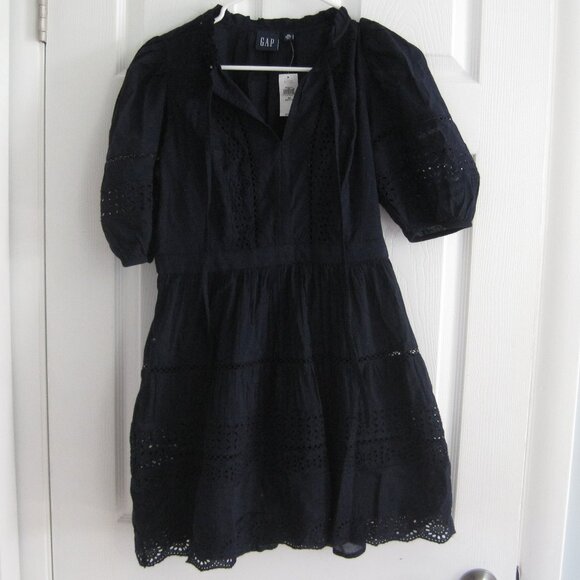 GAP Women's Puff Sleeve Lace Mini Dress Navy Size XS Petite Dark Blue NWT - Picture 2 of 7